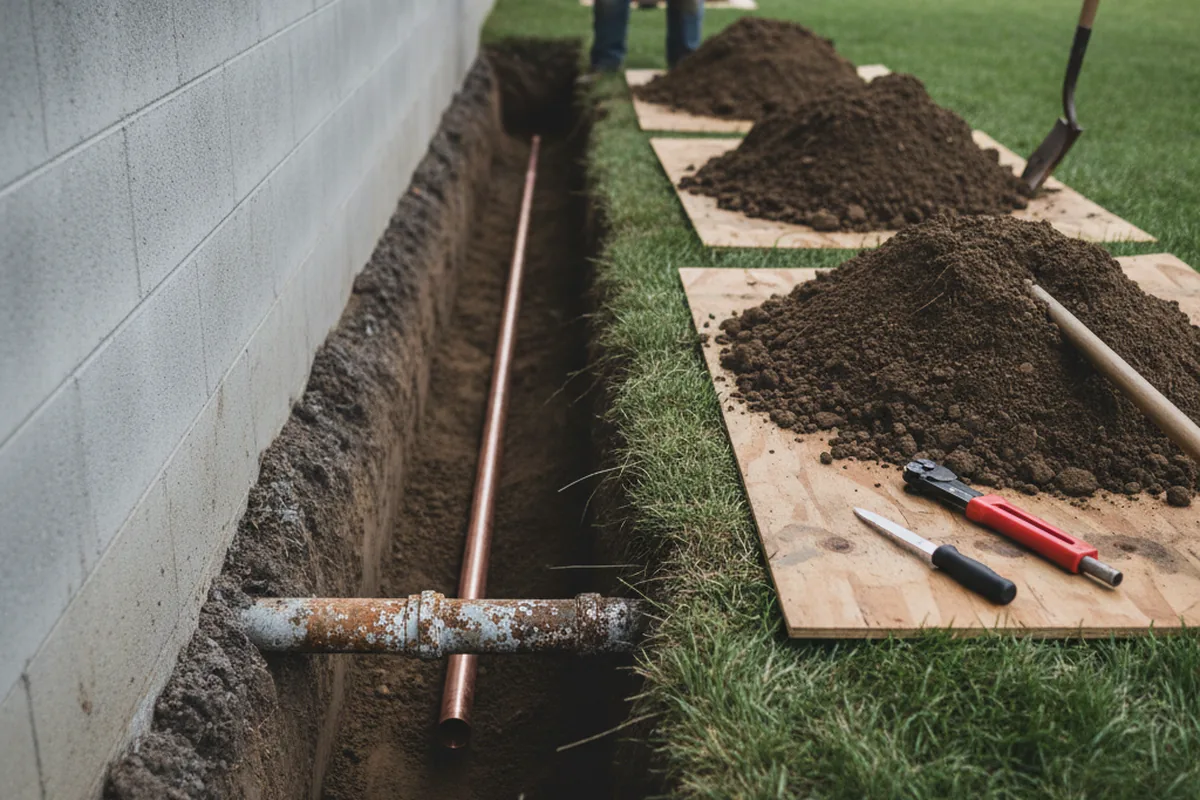 Excavated water line trench during Water Softener Installation in Darby